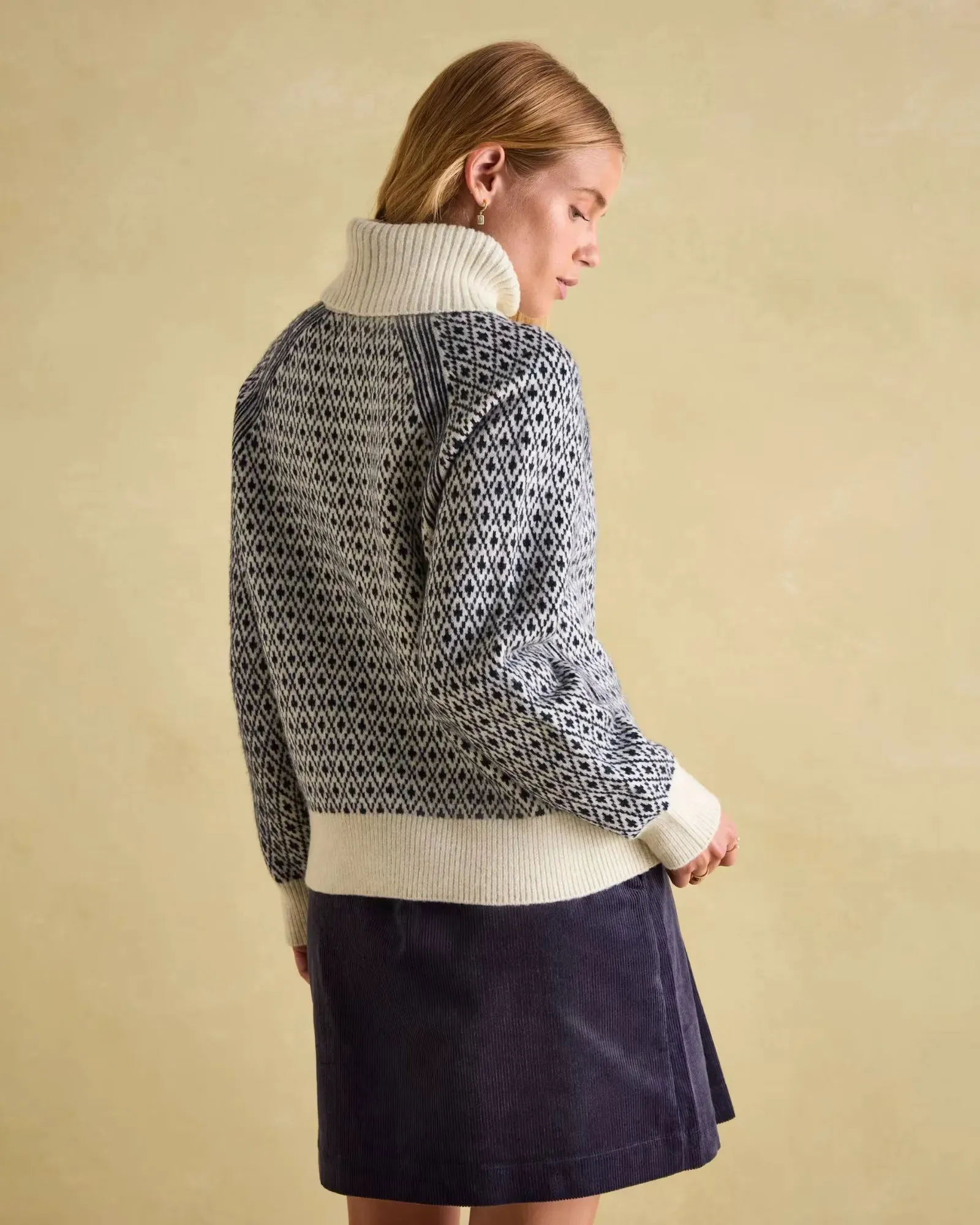 Ingrid Cream/Navy Patterned Jumper with Detachable Roll