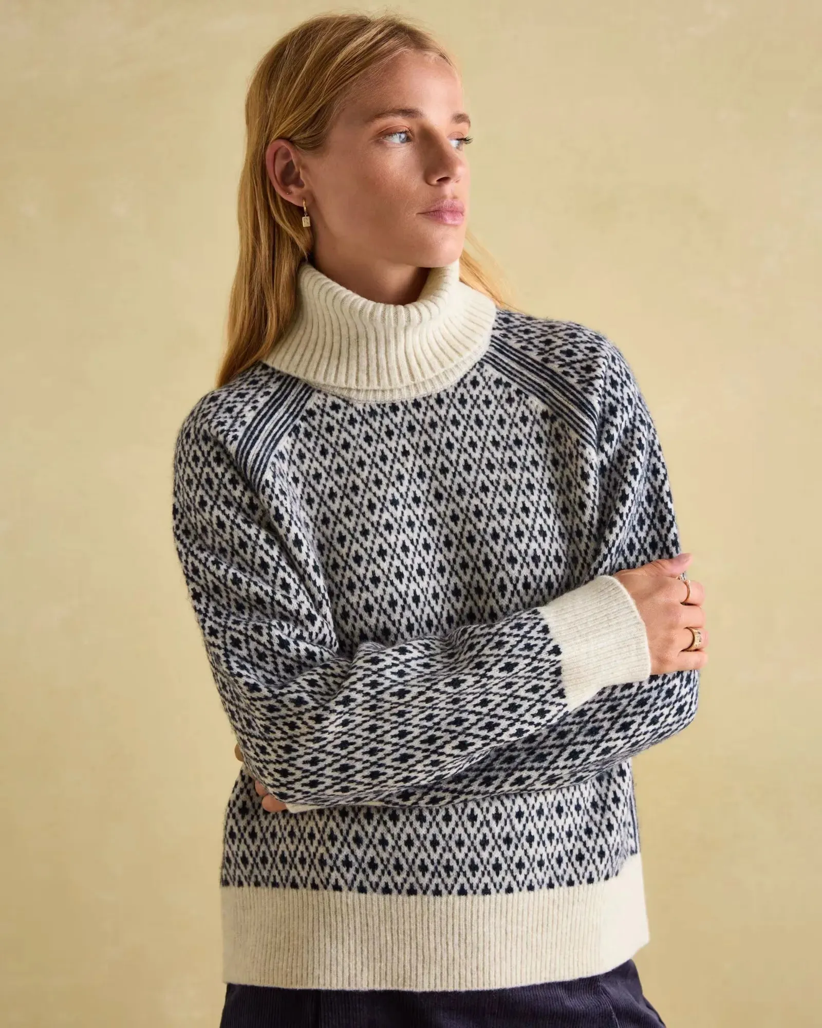 Ingrid Cream/Navy Patterned Jumper with Detachable Roll