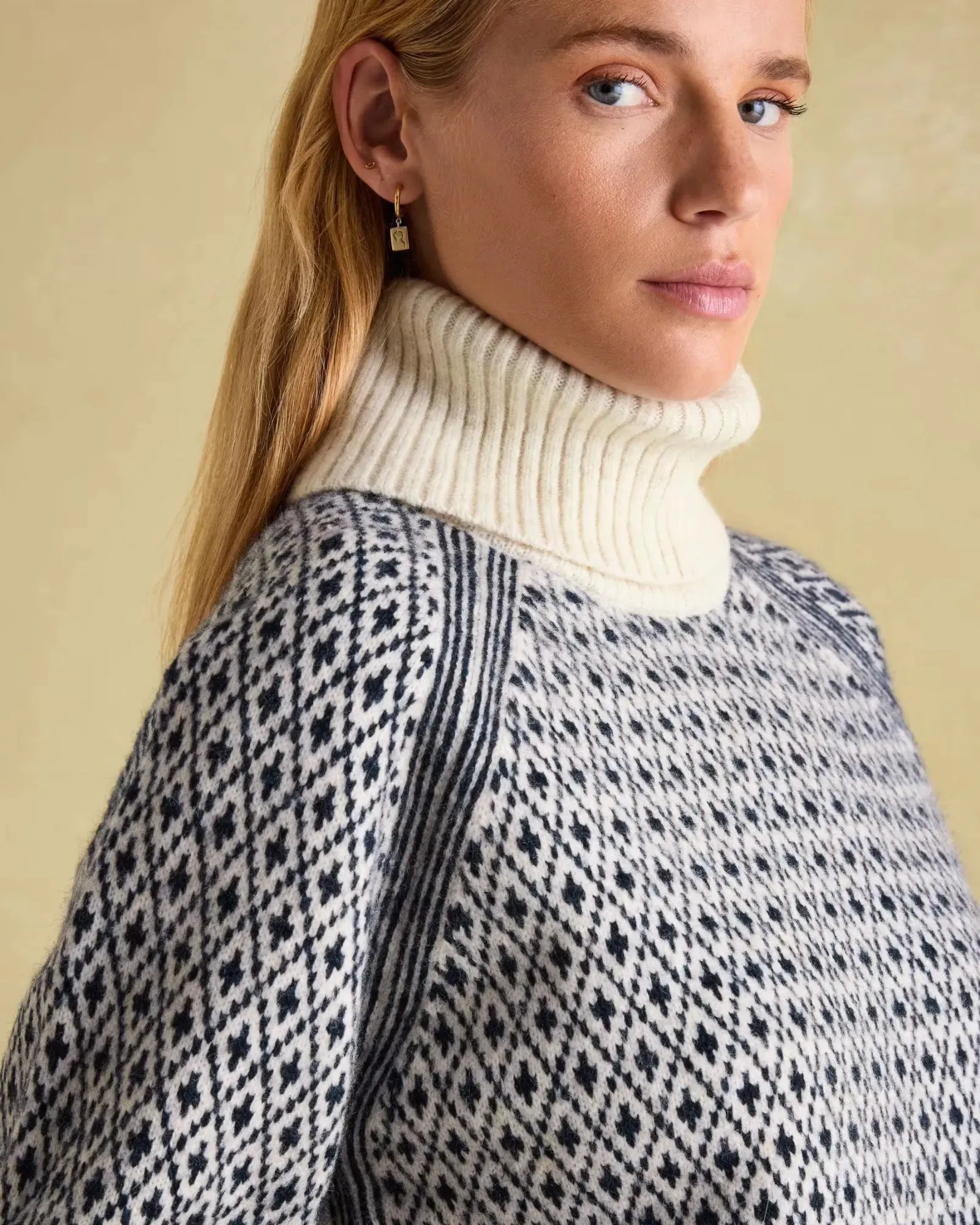 Ingrid Cream/Navy Patterned Jumper with Detachable Roll