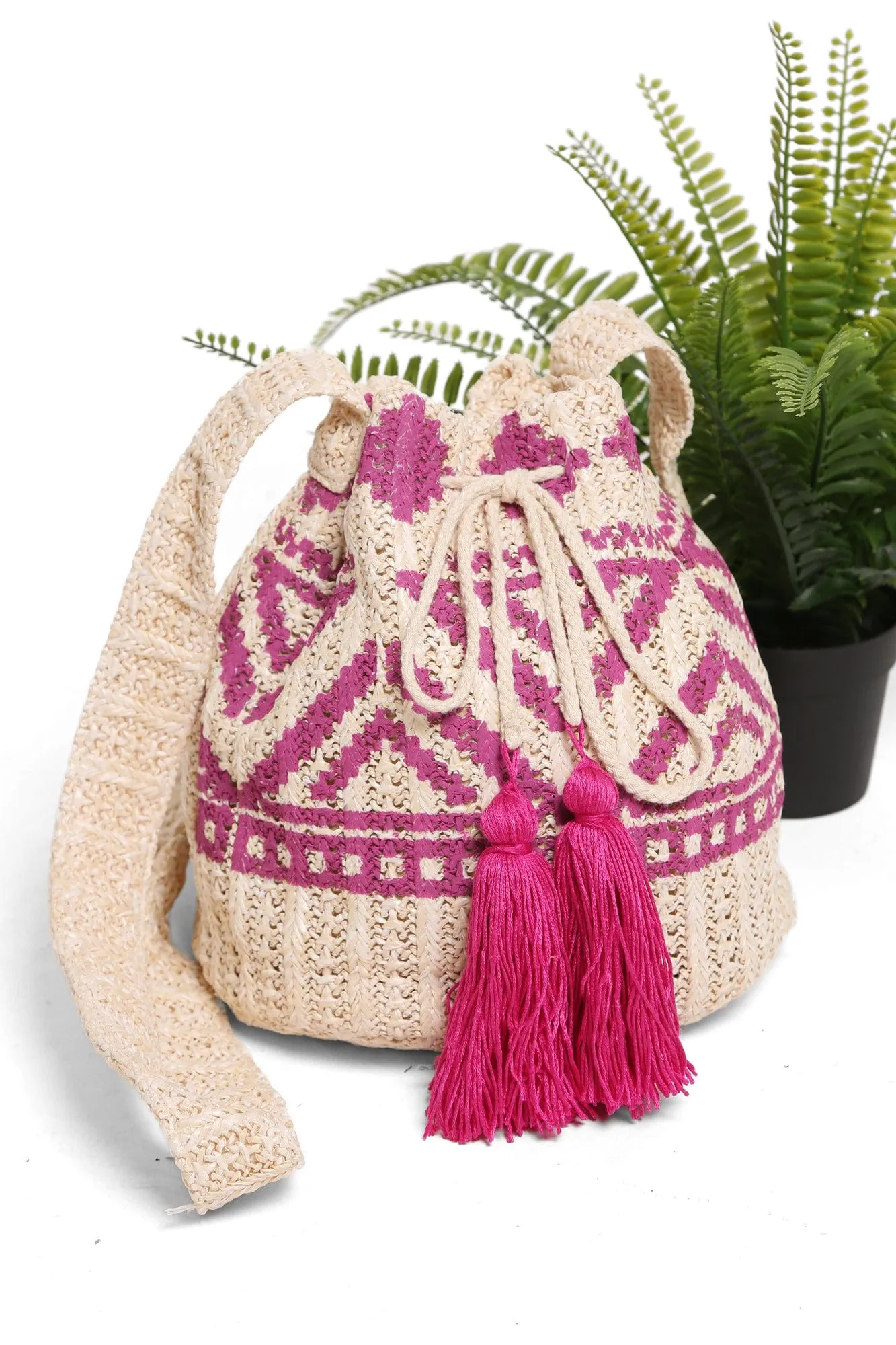 JBG211 Ariel Tribal Straw Crossbody Bucket Bag