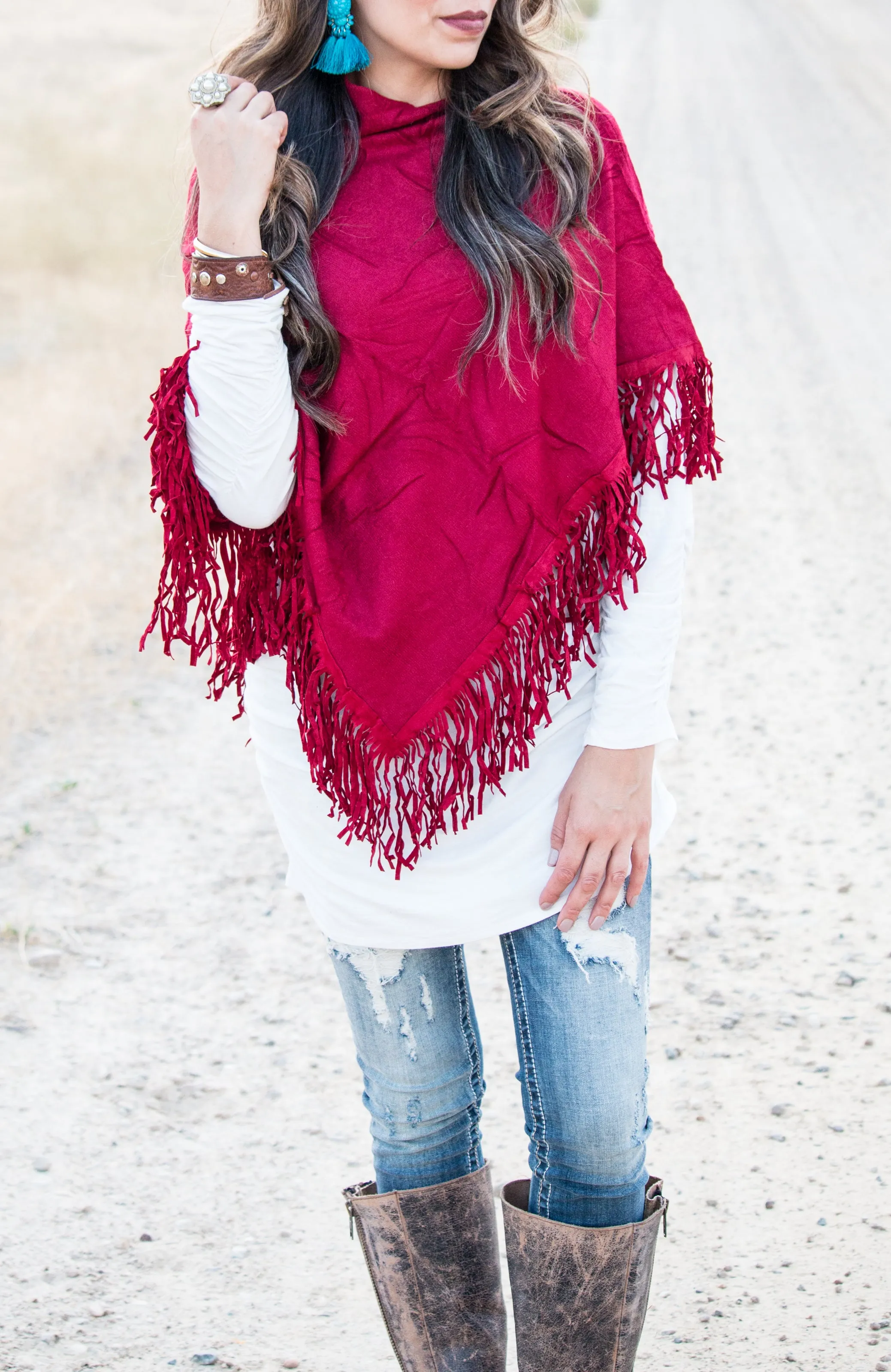 Knit & Suede Fringe Poncho