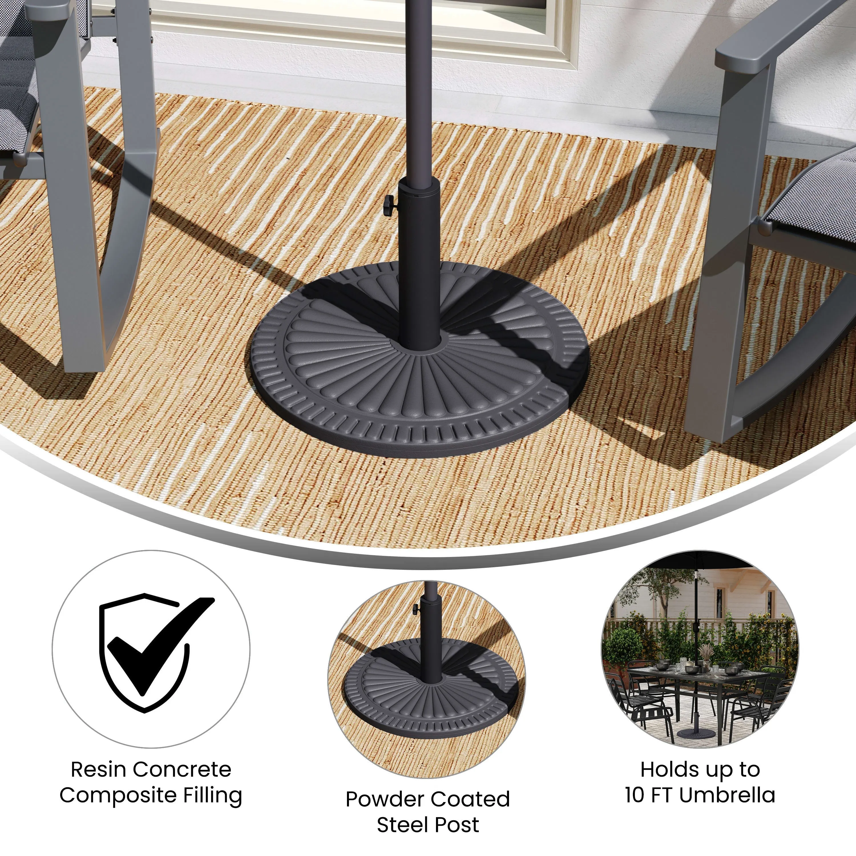 Kona Universal Cement Patio Umbrella Base with Sunburst Patterned Weatherproof Plastic Polymer Coating