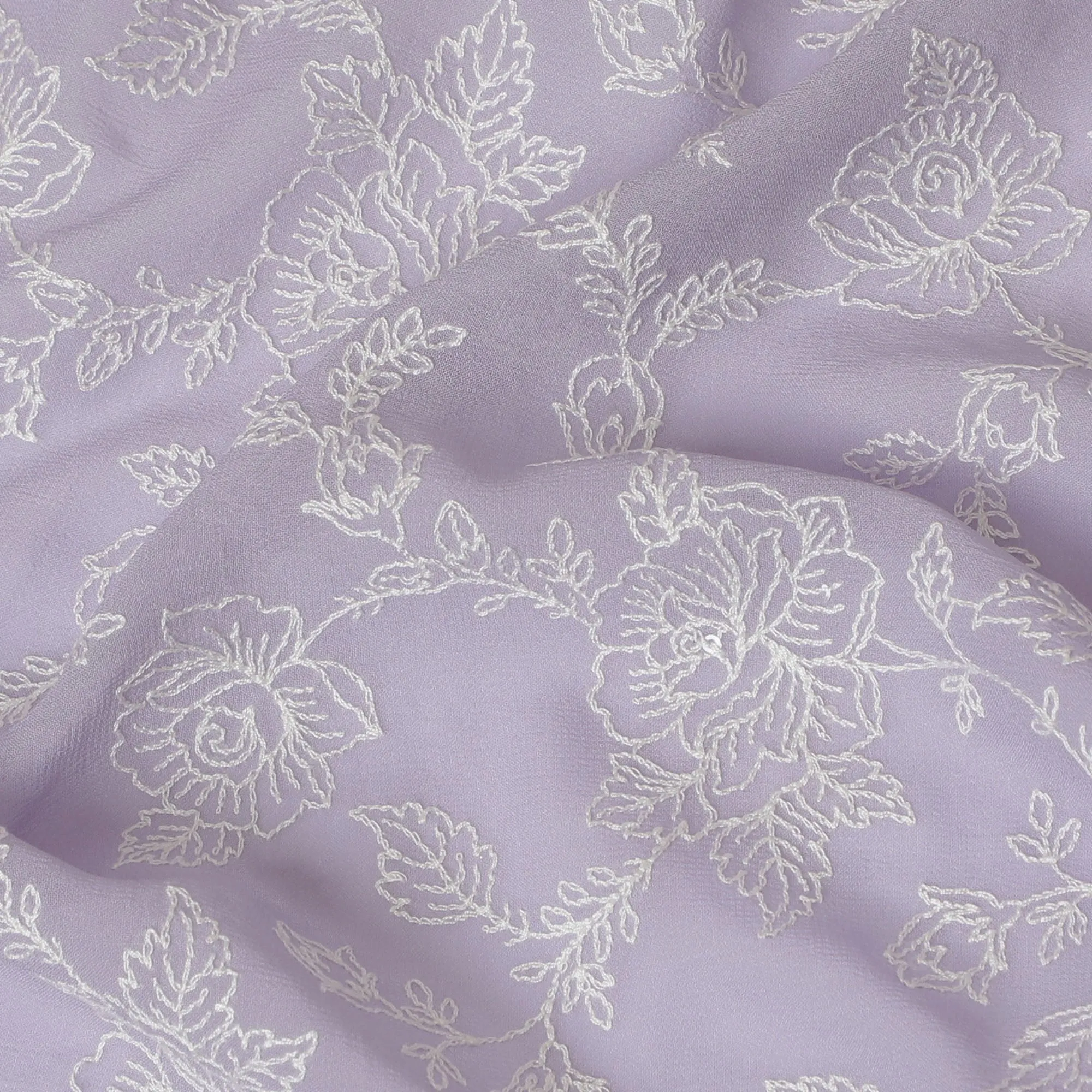 Lavender Floral Embroidered Georgette Fabric - 110 cm Width, Lightweight & Flowy, Ideal for Dresses & Drapes-D19147