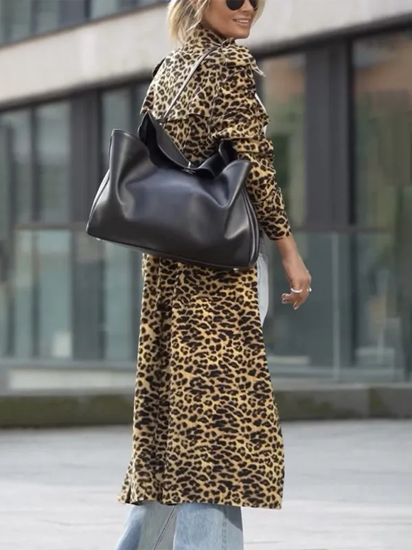 Leopard Print Notch Lapel Coat Evening Windbreaker