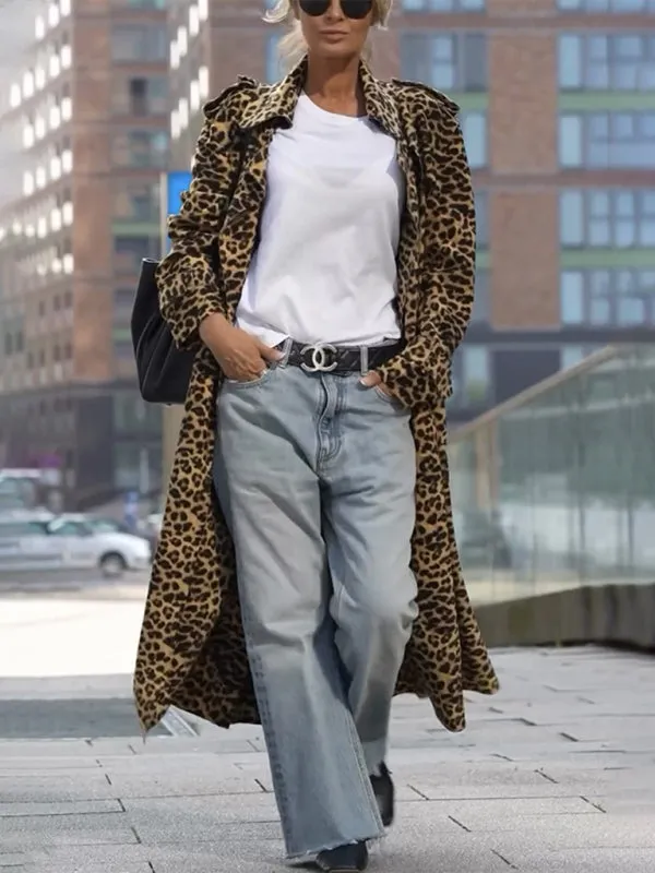 Leopard Print Notch Lapel Coat Evening Windbreaker