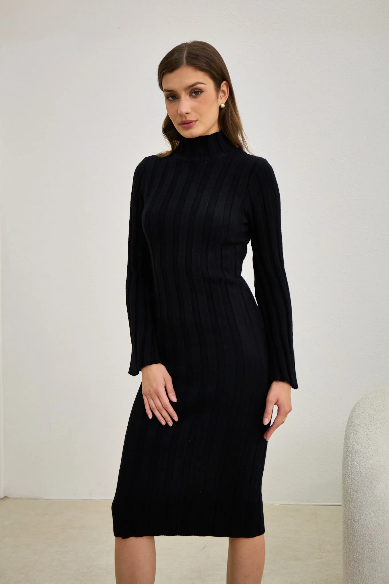 Lexi Black Flute Sleeve Knit Midi Dress