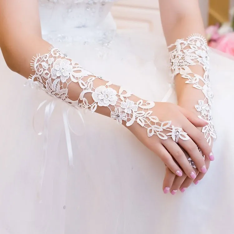 Luxury Lace Flower Opera Wedding Bridal Gloves