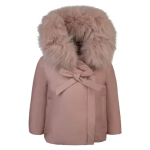 Mauve Bow Fur Trim Hood Coat