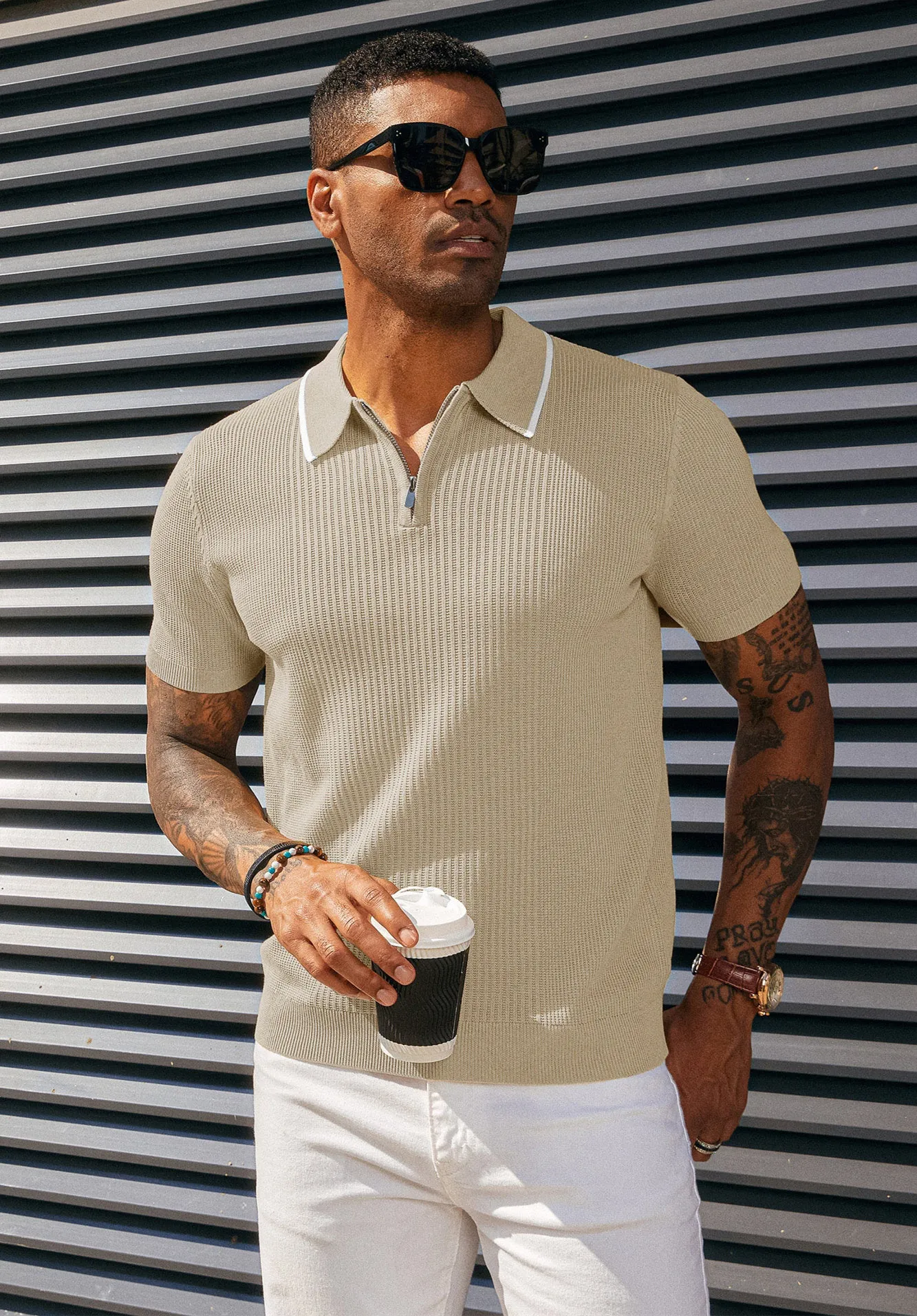 Men Stylish Lapel Collar Knitted Polo-Shirt Short Sleeve Zip-up Neck Knitwear