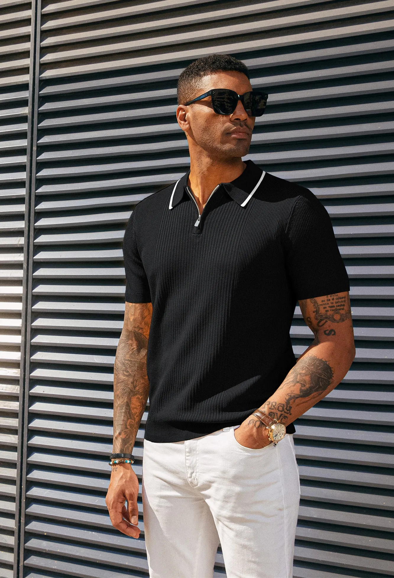 Men Stylish Lapel Collar Knitted Polo-Shirt Short Sleeve Zip-up Neck Knitwear