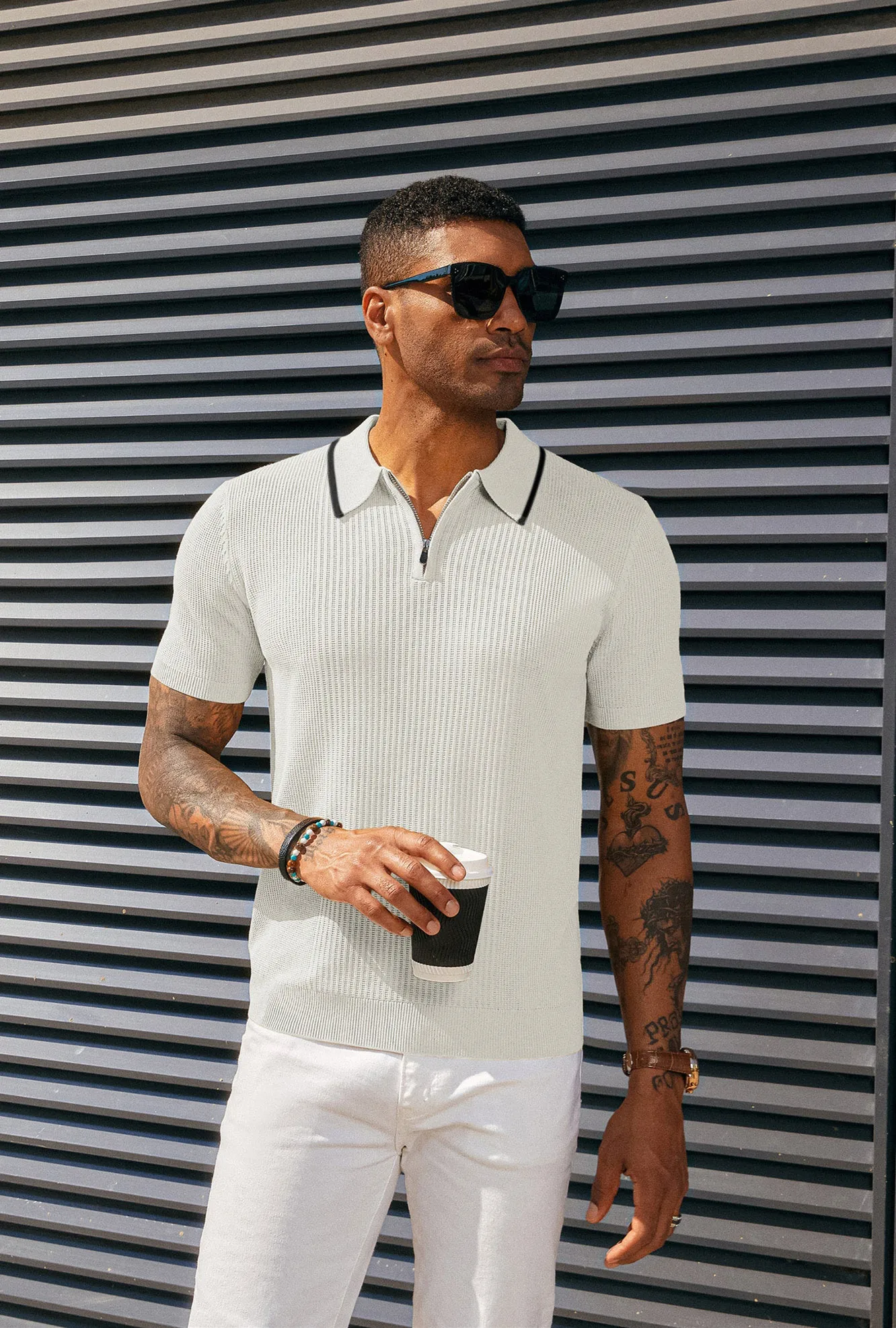 Men Stylish Lapel Collar Knitted Polo-Shirt Short Sleeve Zip-up Neck Knitwear