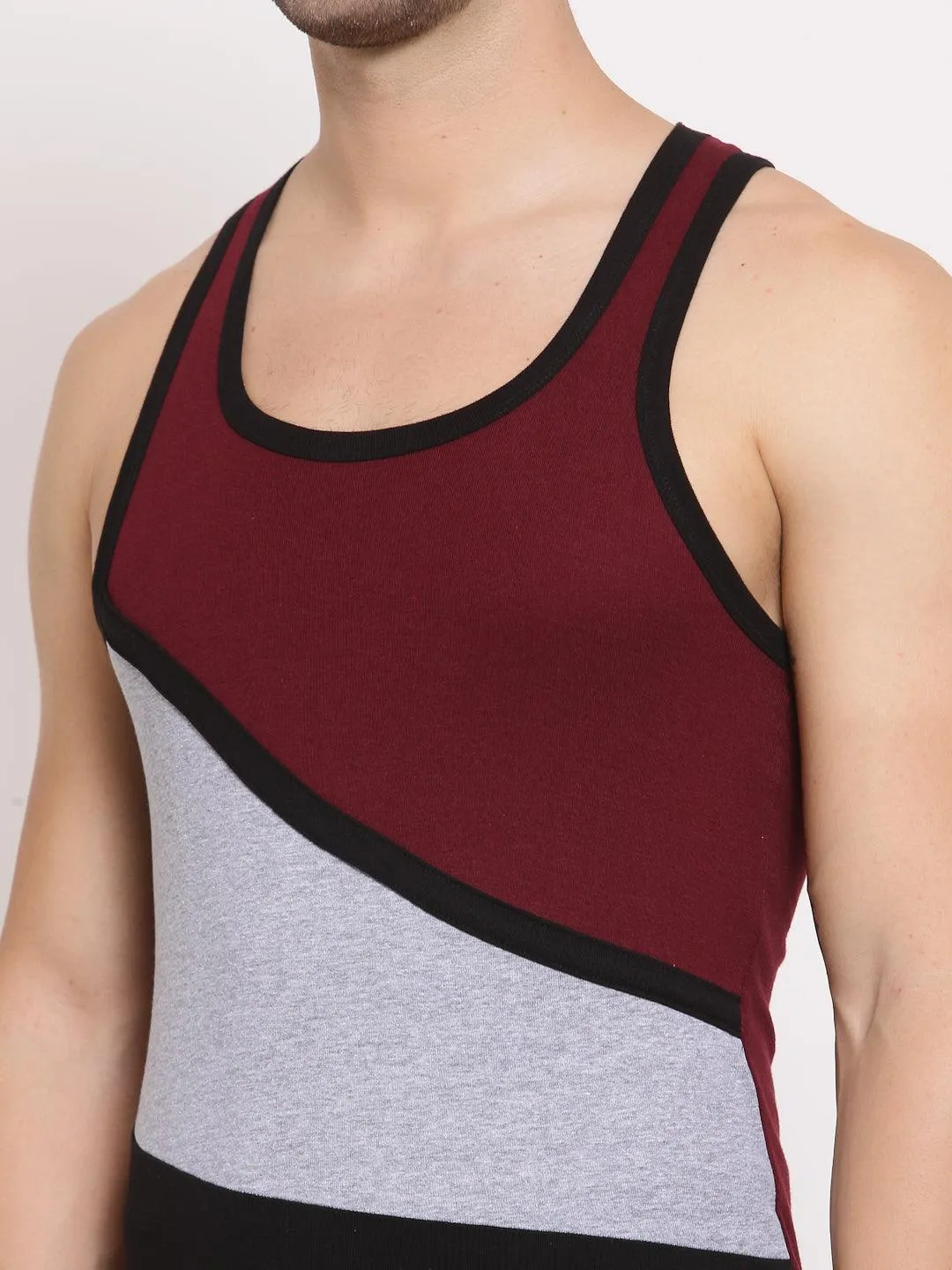 Men's 3-Colour Panel Gym Vest Pack Of 2 - (Burgundy & Black)