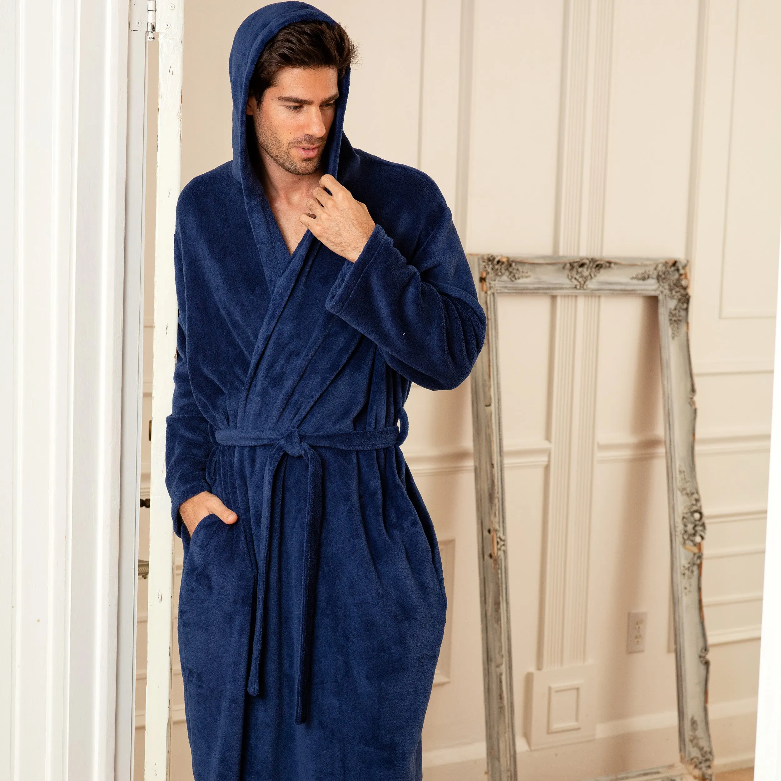 Men's Lightweight Fleece Robe with Hood, Soft Bathrobe