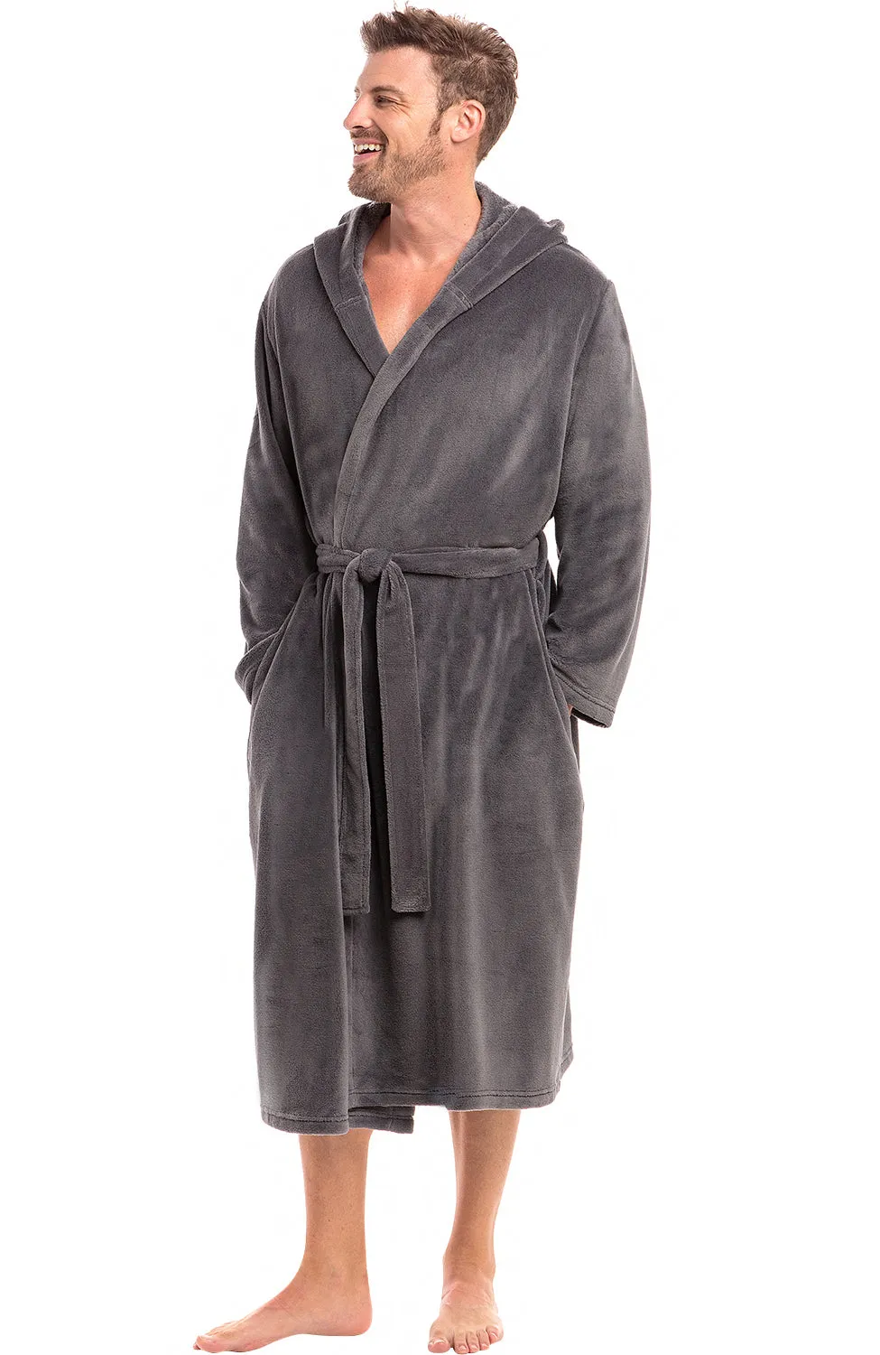 Men's Lightweight Fleece Robe with Hood, Soft Bathrobe