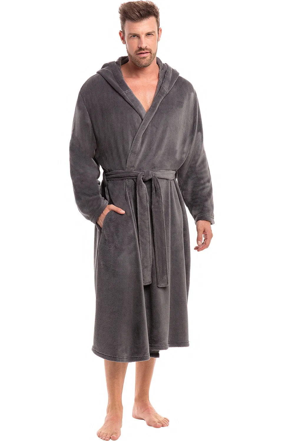 Men's Lightweight Fleece Robe with Hood, Soft Bathrobe