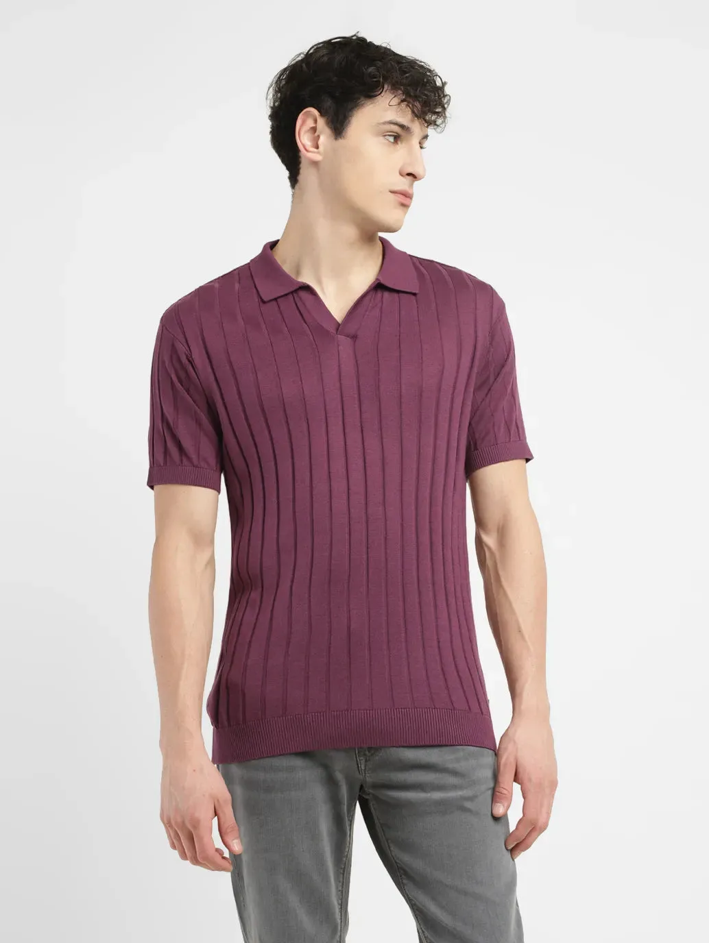 Men's Striped Purple Polo Collar Sweater