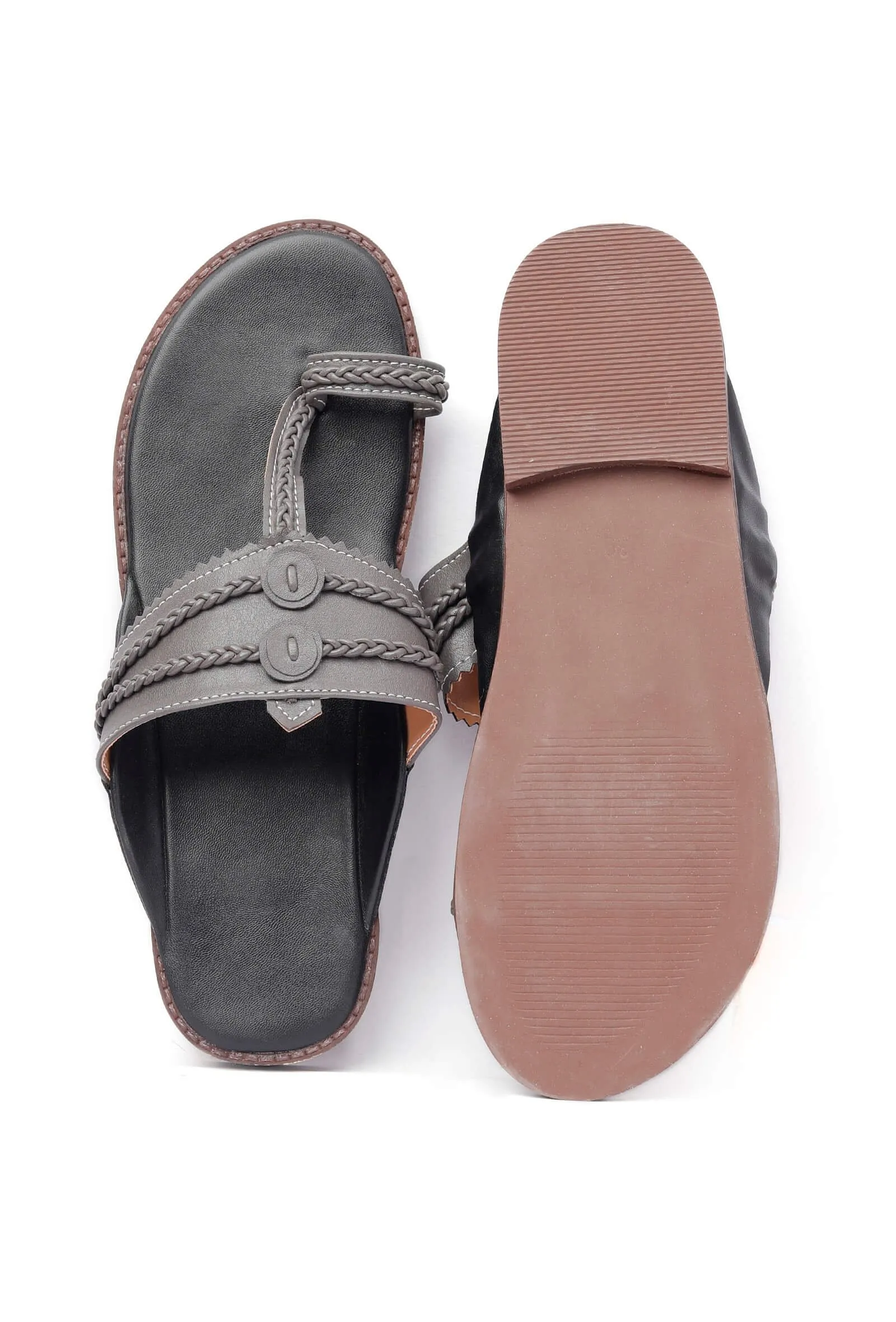 Metal Grey Handcrafted Cruelty-Free Leather Kolhapuri Inspired Chappals