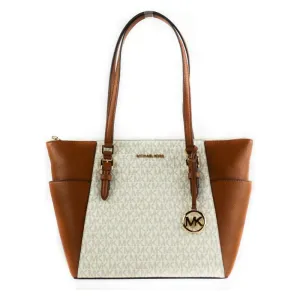 Michael Kors Charlotte Signature Leather Large Top Zip Tote Handbag Bag (Vanilla)