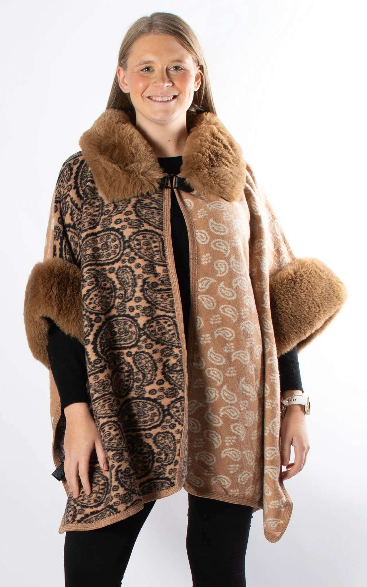 Multi Pattern Poncho | Camel