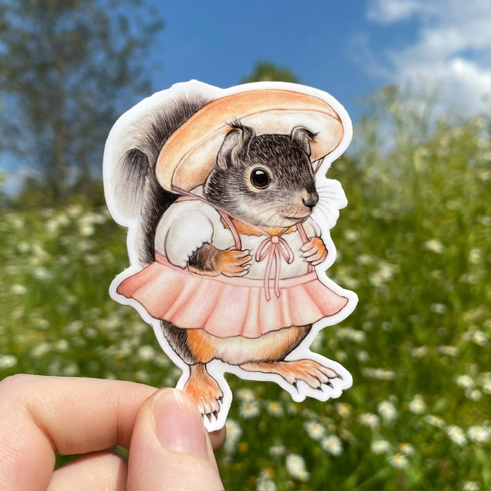 Mushroom Hat Douglas Squirrel Sticker (pink dress)