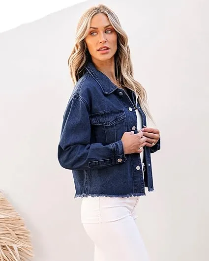 Nightfall Blue Women's Denim Collared Jacket With Flap Pocket Button UP Raw Hem Detail Long Sleeve Jean Jackets