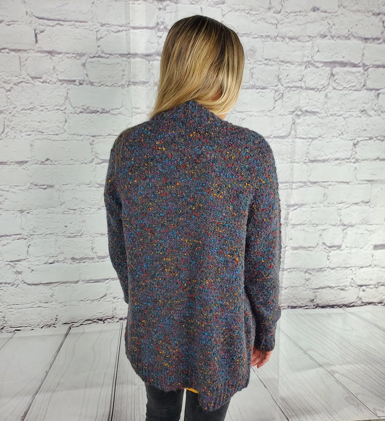 Open front rib banded long sleeve color speckled cardigan