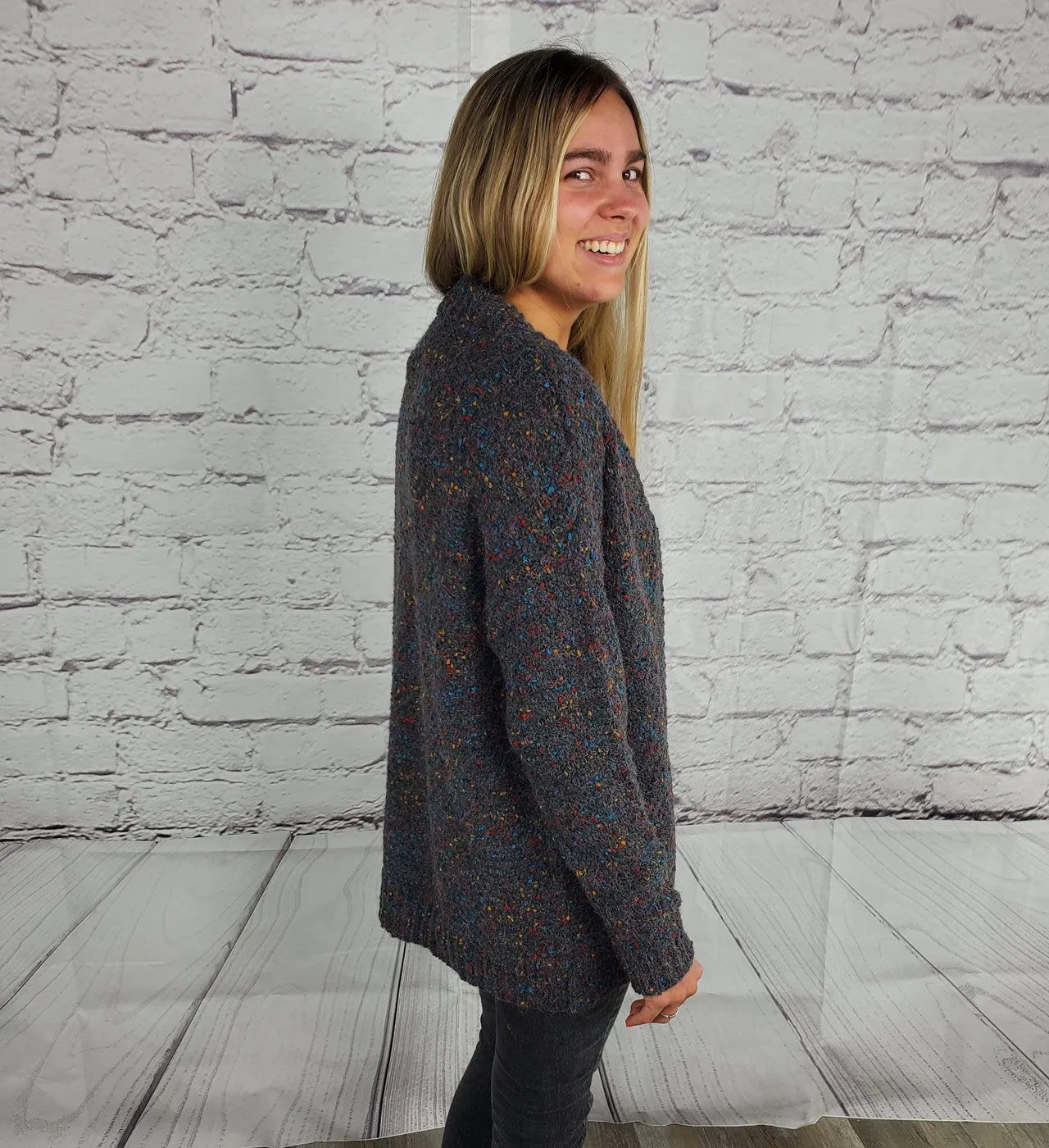 Open front rib banded long sleeve color speckled cardigan