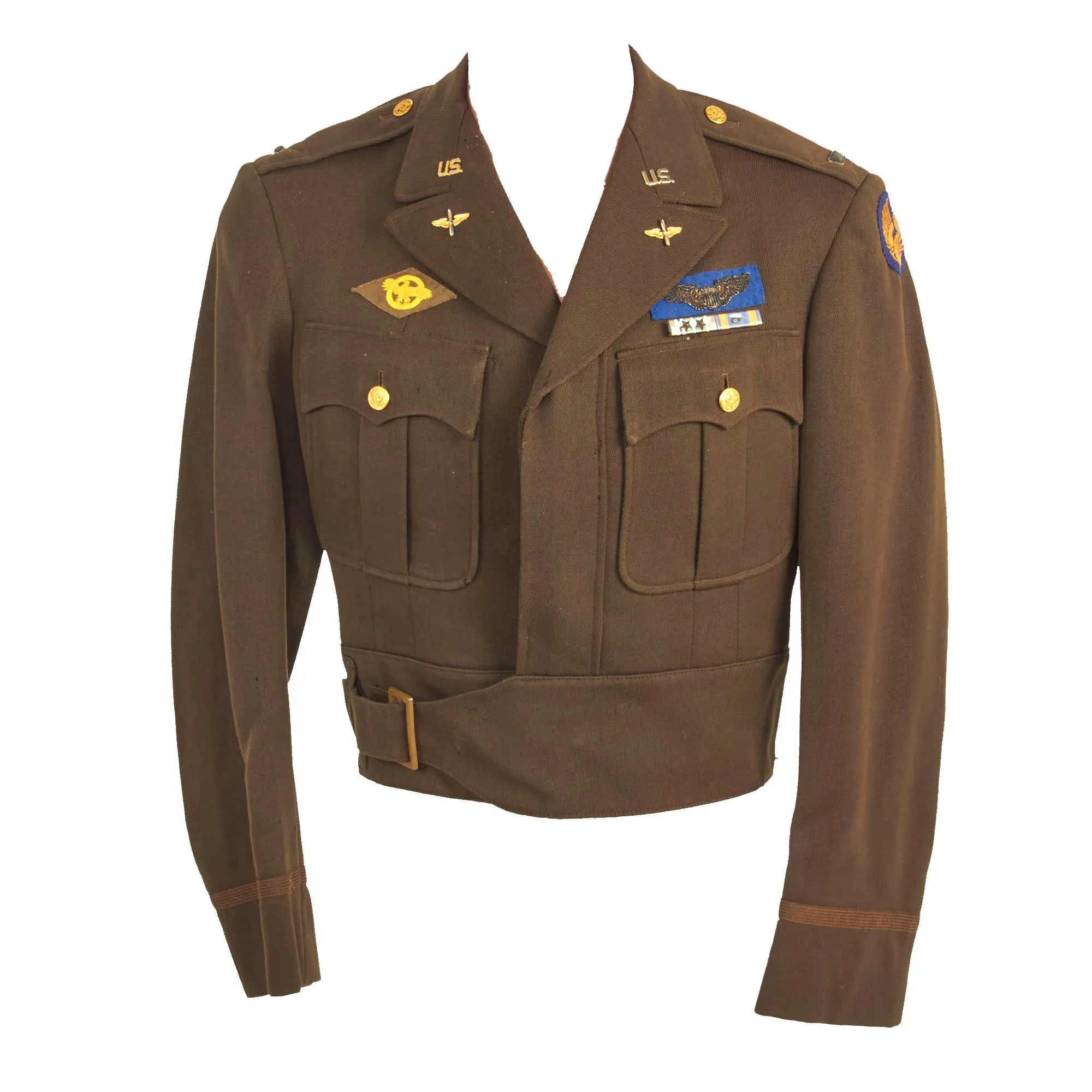 Original U.S. WWII 8th Army Air Forces Custom Tailored Ike Jacket With English Made Insignia and Bullion Hand Embroidered Combat Air Crew Wings