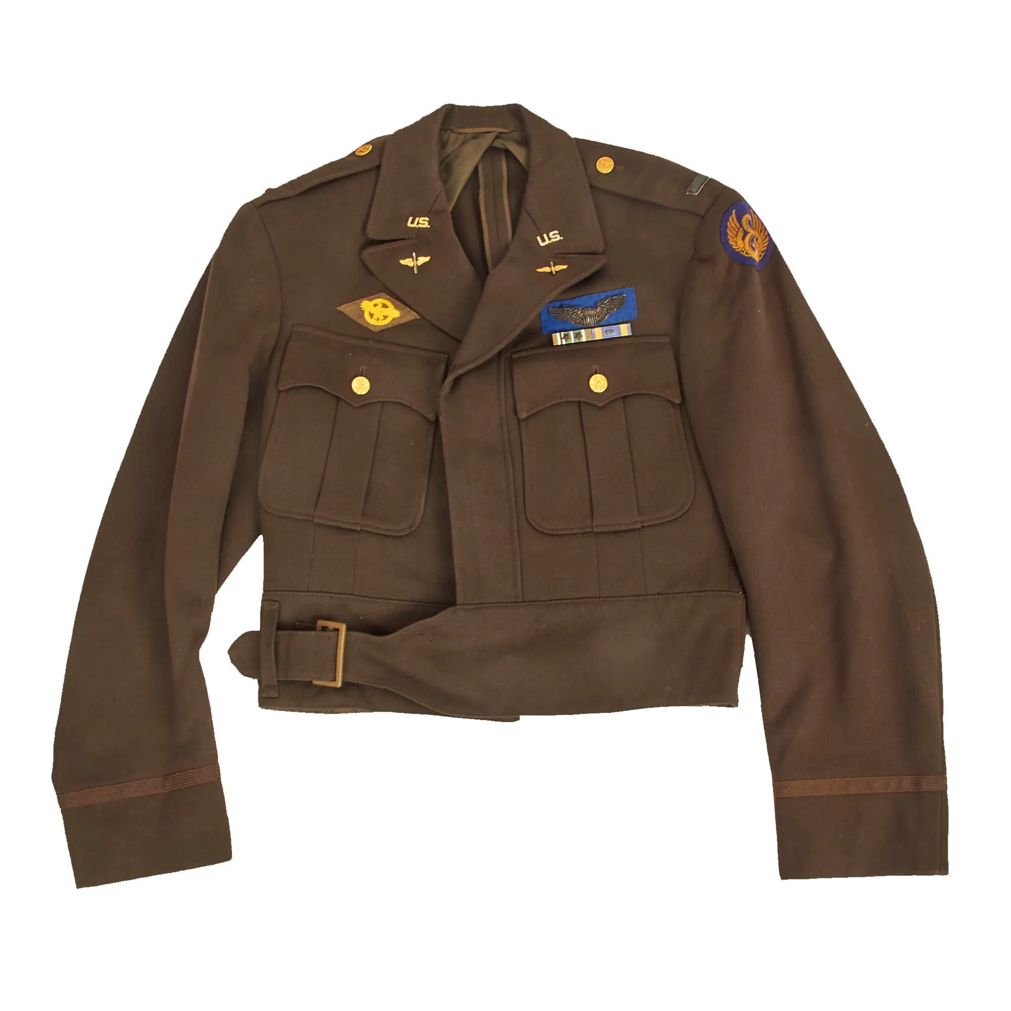 Original U.S. WWII 8th Army Air Forces Custom Tailored Ike Jacket With English Made Insignia and Bullion Hand Embroidered Combat Air Crew Wings