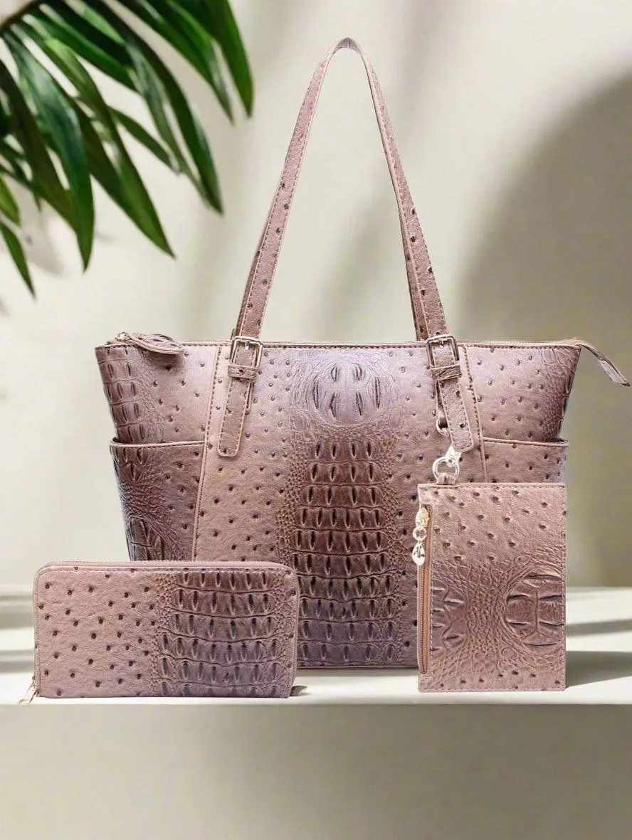 OS1009W 3 Piece Crocodile Pattern Tote Bag Set