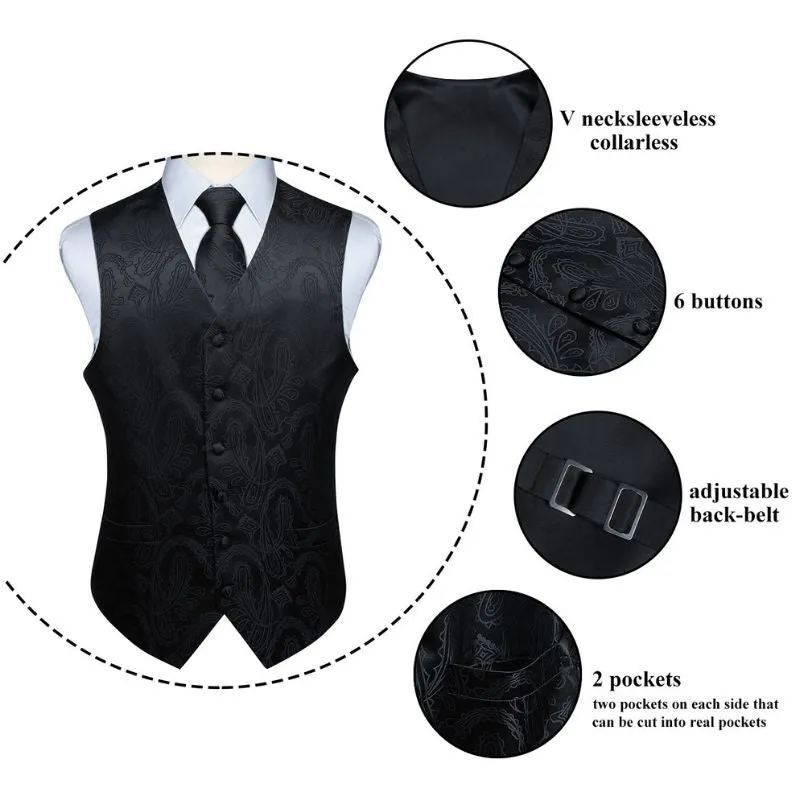 Paisley Suit Vest Tie Handkerchief Set - BLACK - 3