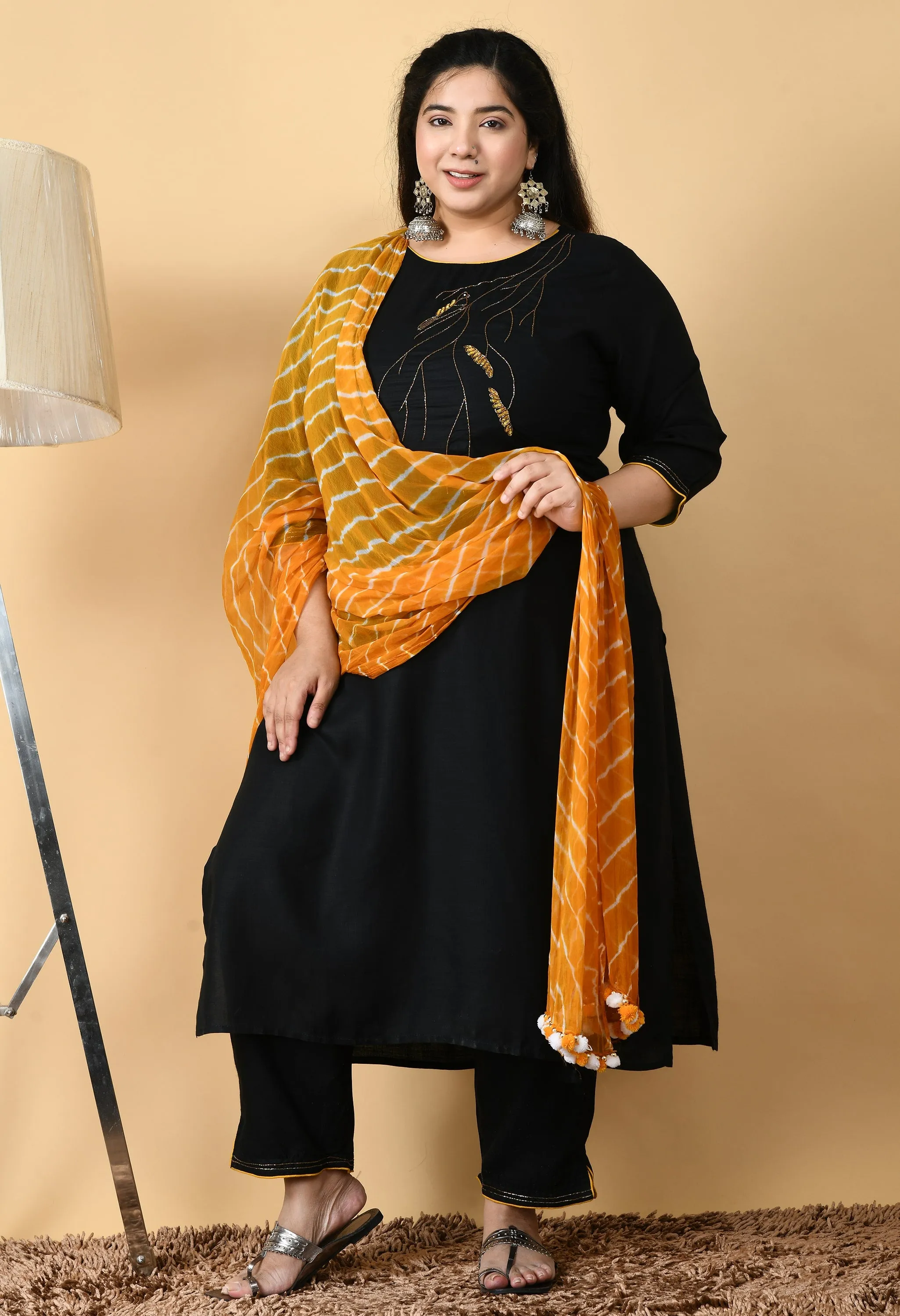 Plus Size Black Paradise Kurta Pant Set