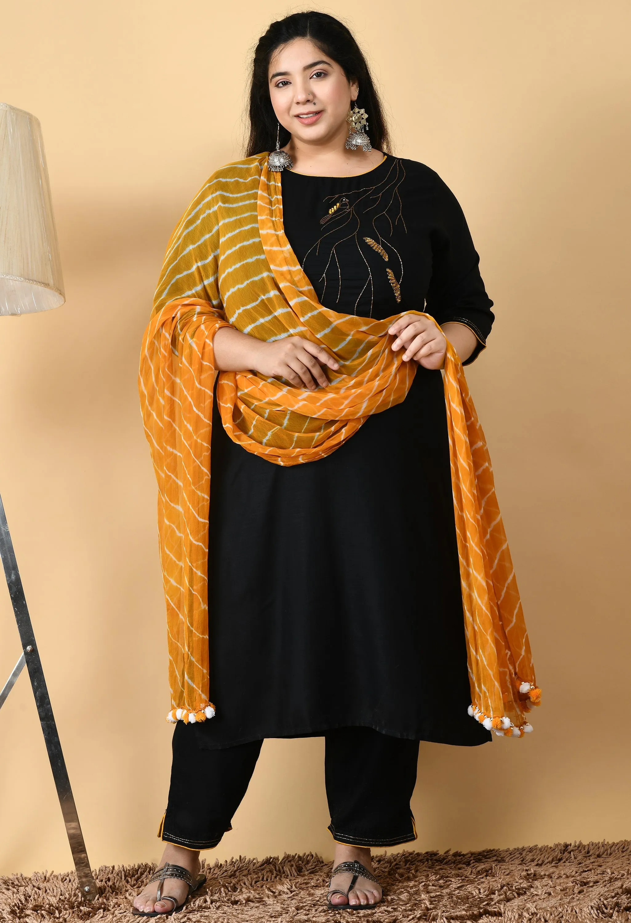 Plus Size Black Paradise Kurta Pant Set