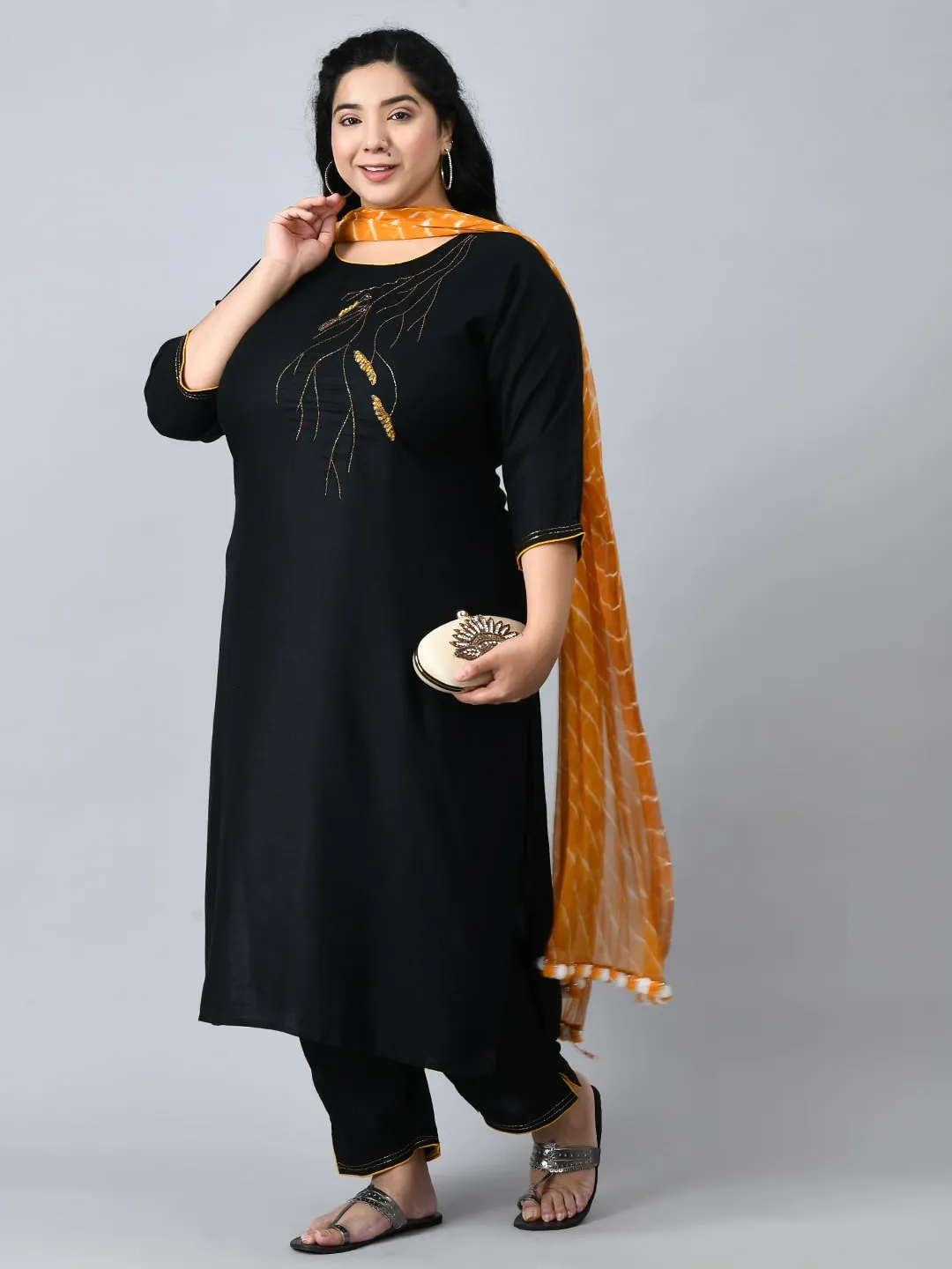 Plus Size Black Paradise Kurta Pant Set