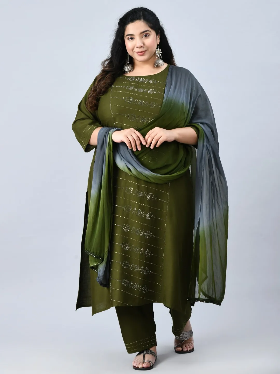 Plus Size Mettalic Green Kurta Pant Set with Dupatta