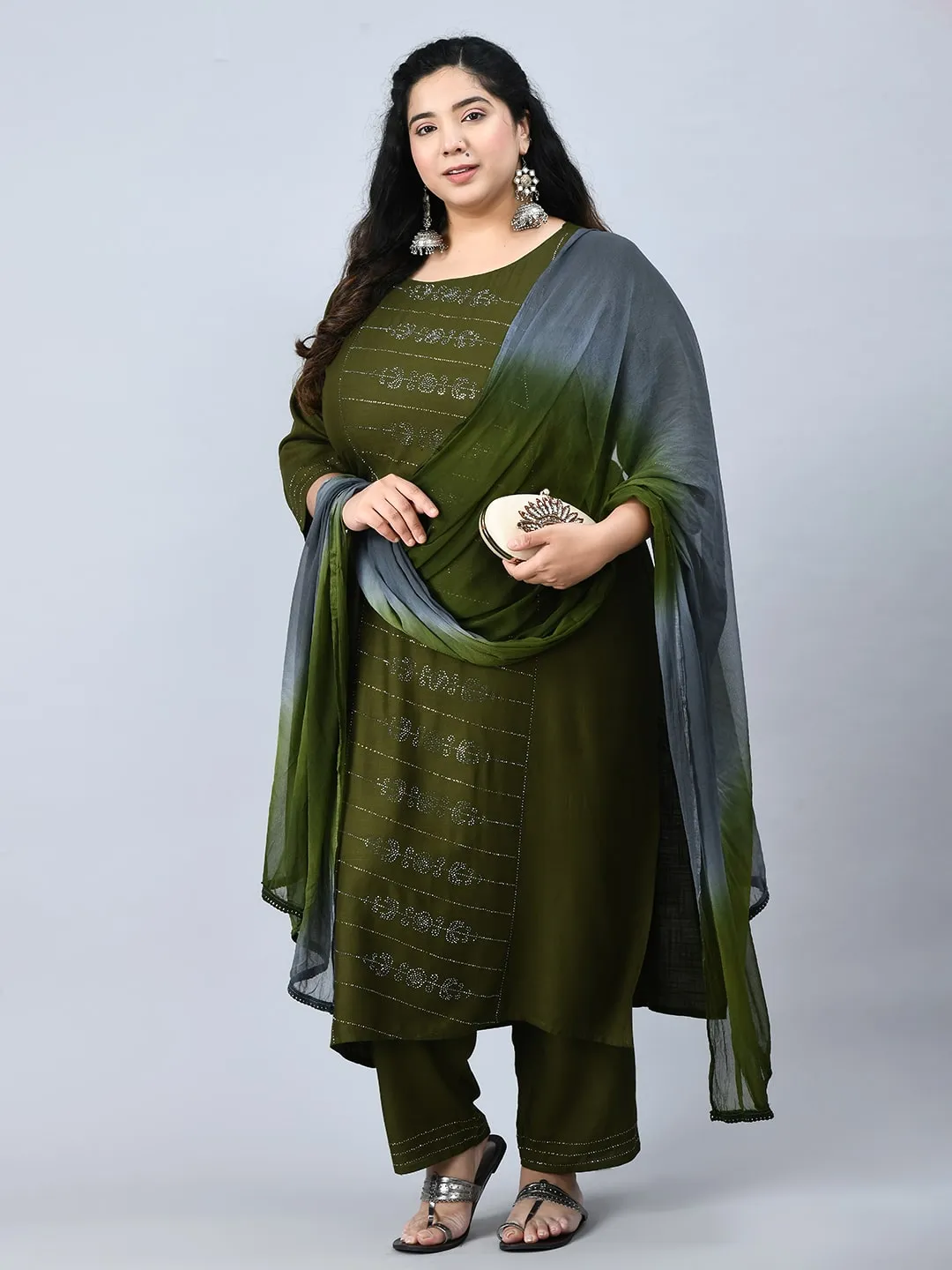 Plus Size Mettalic Green Kurta Pant Set with Dupatta