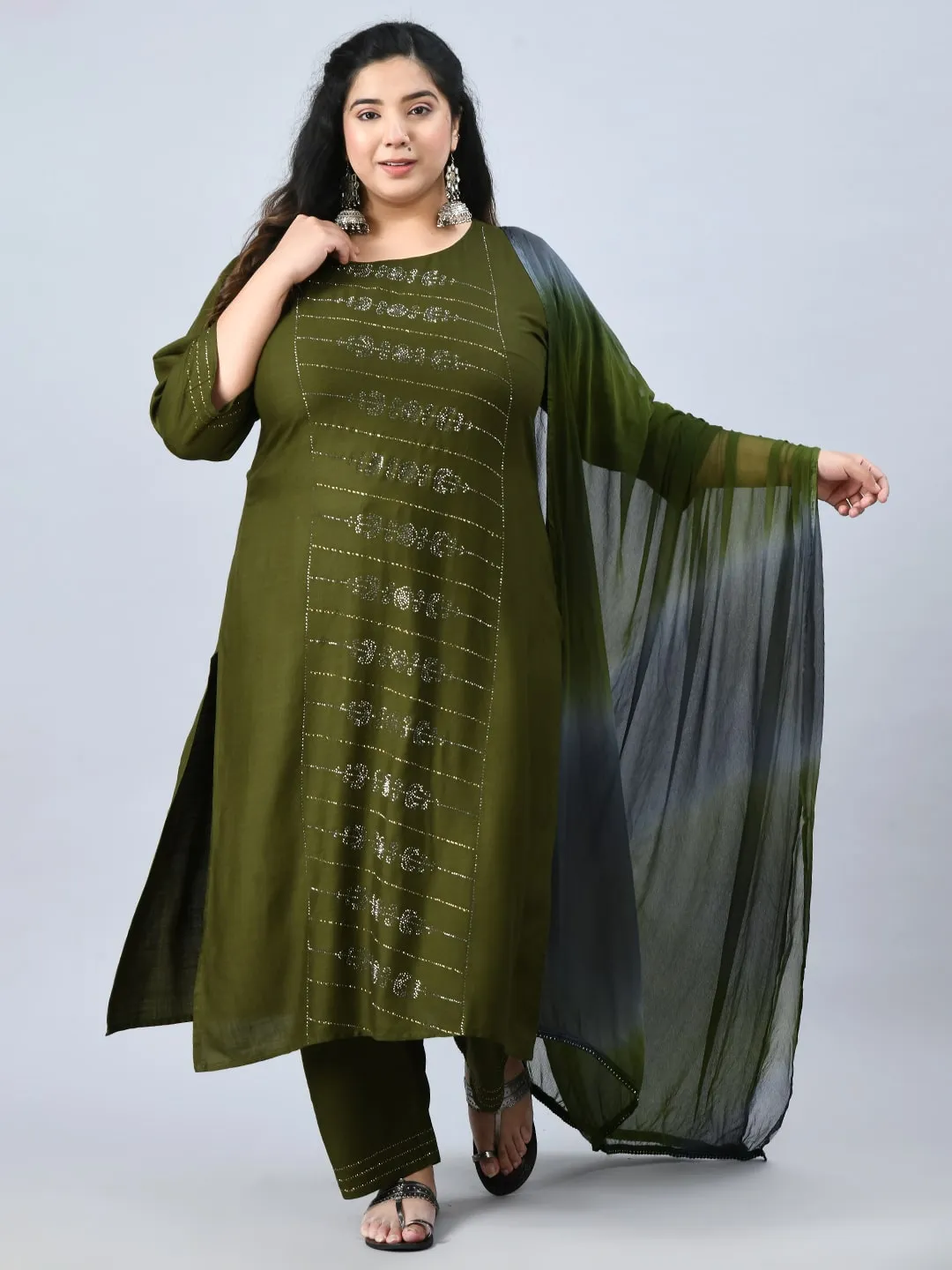 Plus Size Mettalic Green Kurta Pant Set with Dupatta