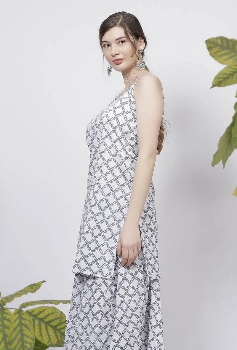 Powder Blue Criss Cross Hand-Block Printed Straight Fit Cotton Slip