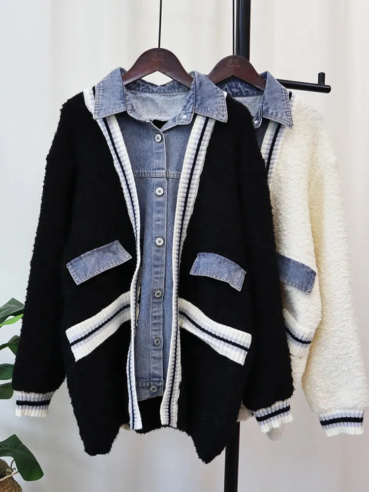 Pre Order:  Denim Contrast Color Block Cardigan