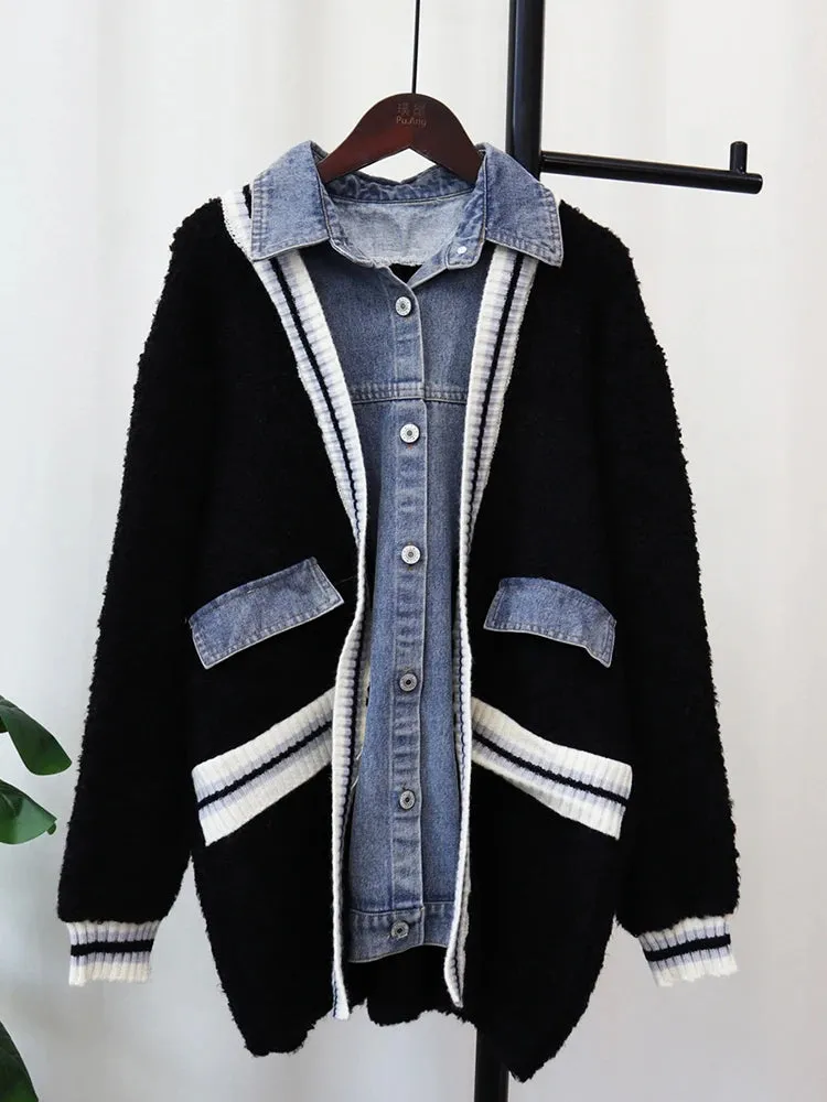 Pre Order:  Denim Contrast Color Block Cardigan