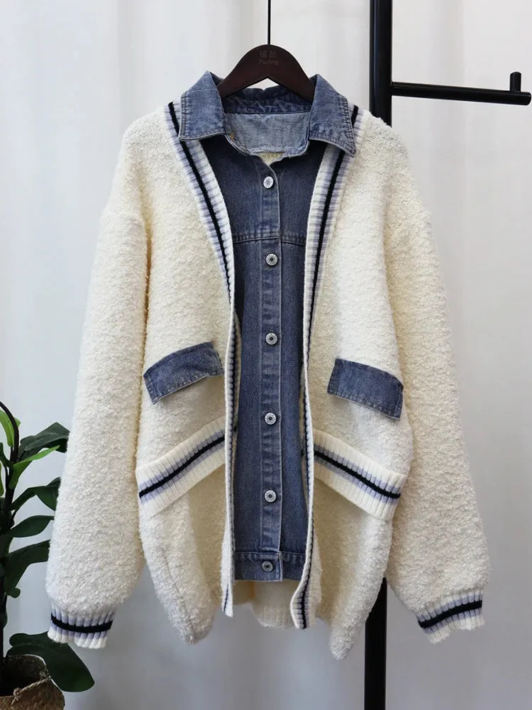 Pre Order:  Denim Contrast Color Block Cardigan