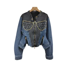 Pre Order:  Diamond Embedded Bead Long Sleeve Elastic Denim Slim Jacket