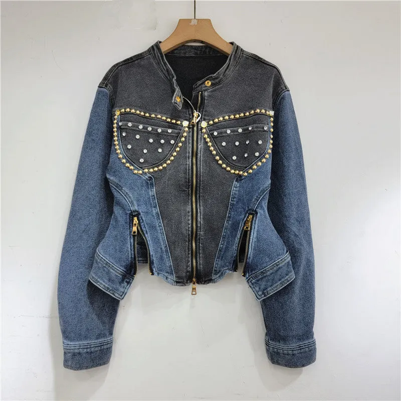 Pre Order:  Diamond Embedded Bead Long Sleeve Elastic Denim Slim Jacket