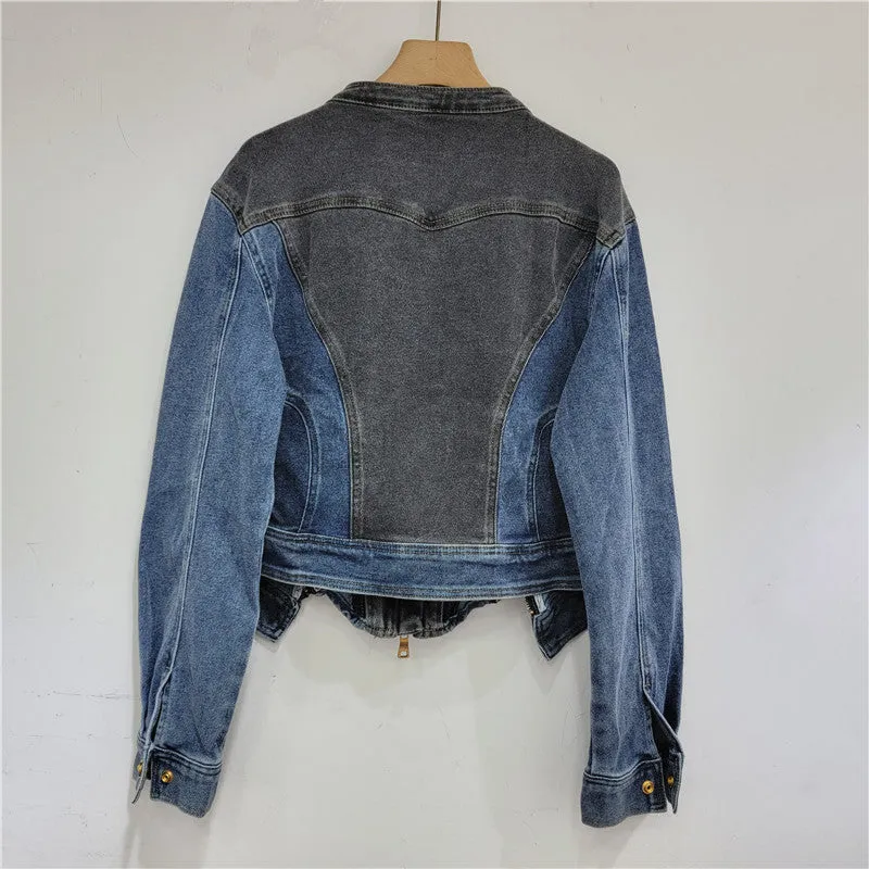 Pre Order:  Diamond Embedded Bead Long Sleeve Elastic Denim Slim Jacket