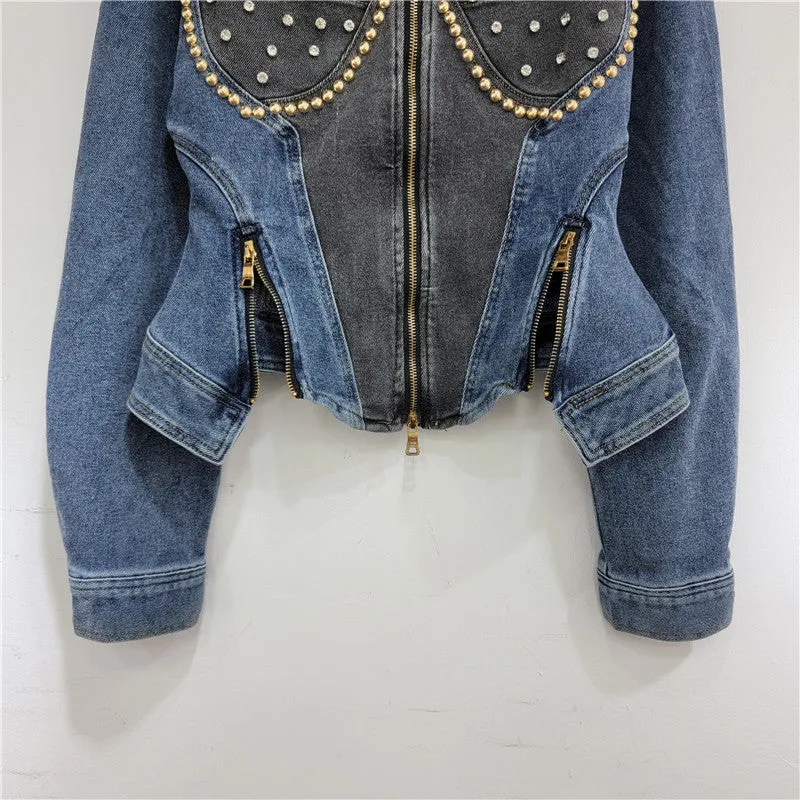 Pre Order:  Diamond Embedded Bead Long Sleeve Elastic Denim Slim Jacket