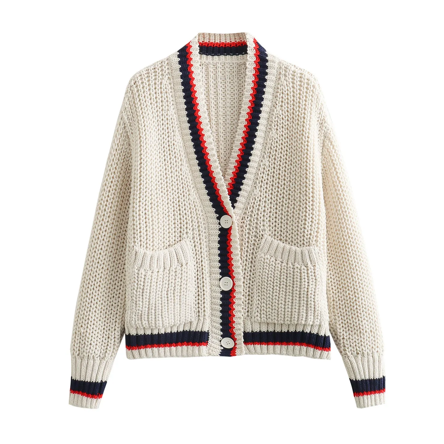 Pre Order:  Knit V-Neck Pocket Color Block Cardigan