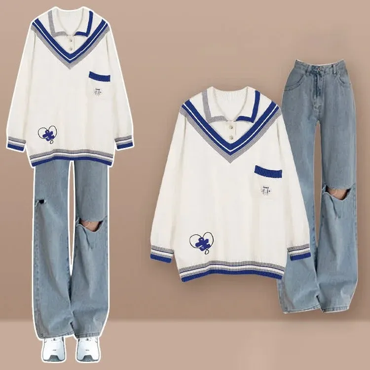 Preppy Retro Colorblock Polo Knit Sweater Denim Pants Two Piece Set