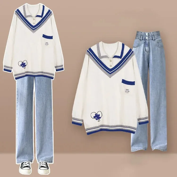 Preppy Retro Colorblock Polo Knit Sweater Denim Pants Two Piece Set