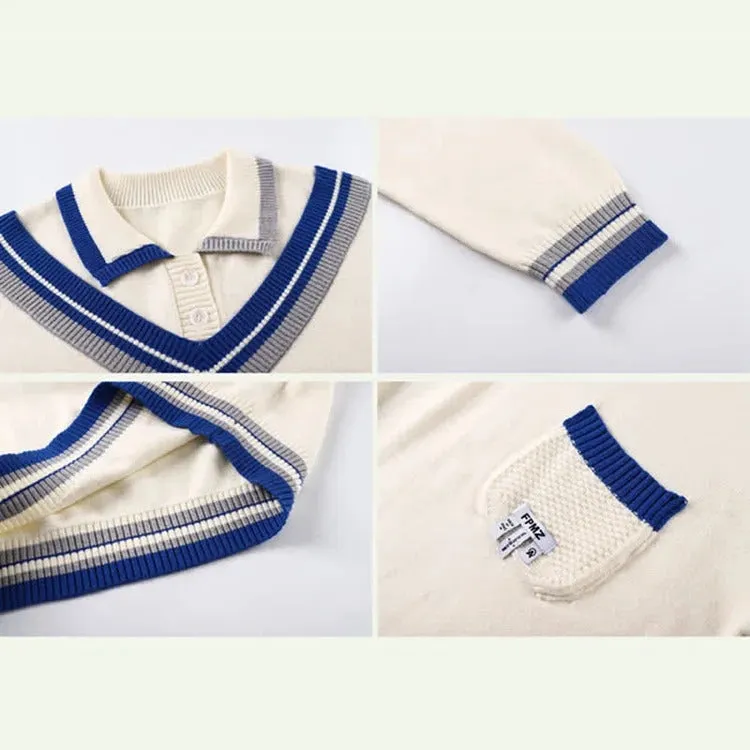 Preppy Retro Colorblock Polo Knit Sweater Denim Pants Two Piece Set