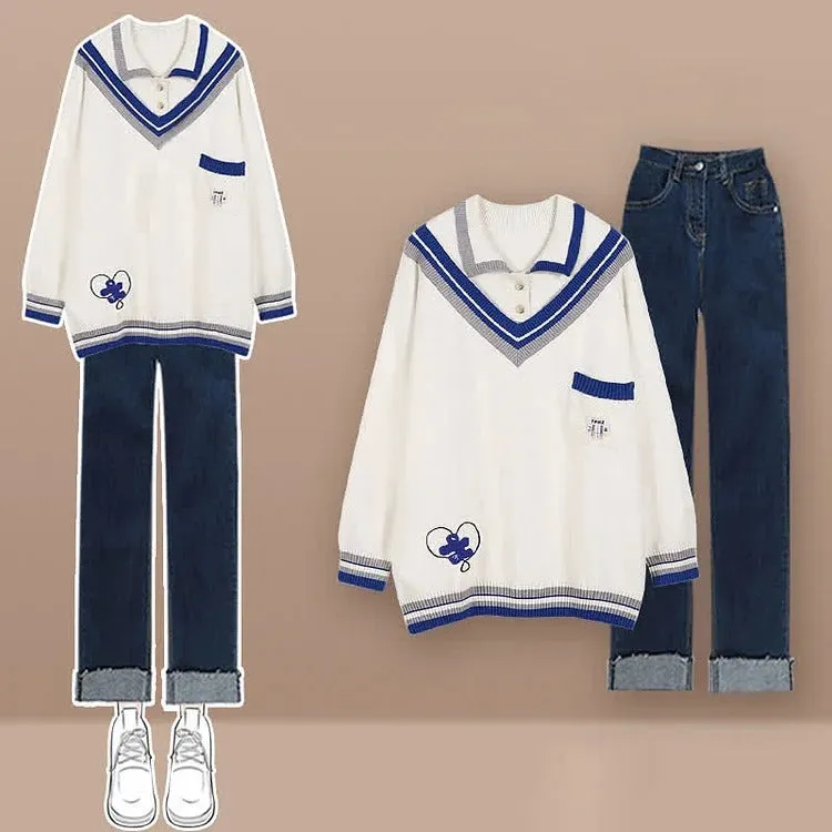 Preppy Retro Colorblock Polo Knit Sweater Denim Pants Two Piece Set